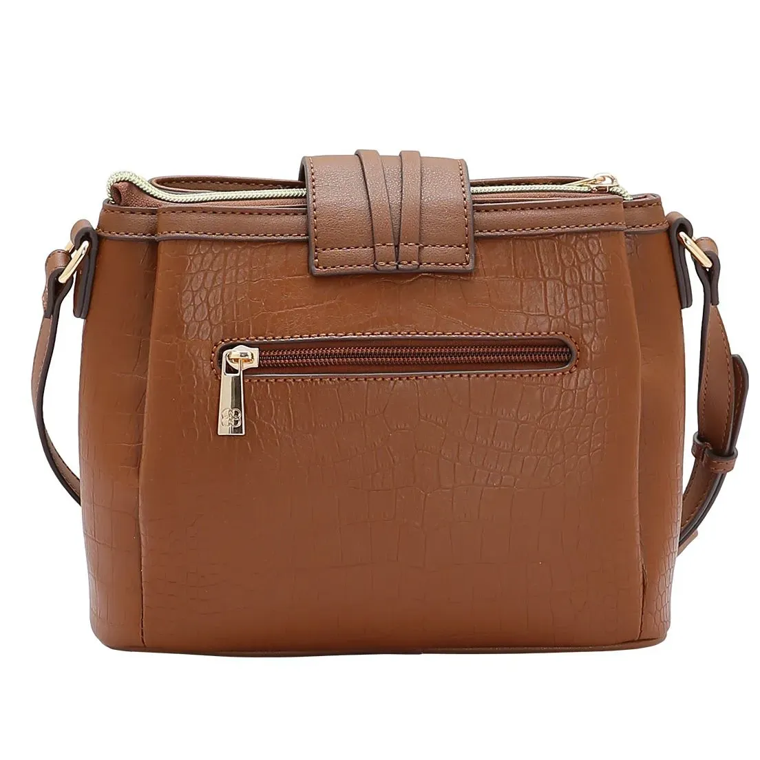 Bolsa Chenson mini croco marrom vista traseira mostrando bolso externo com zíper